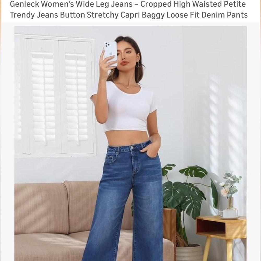 🎟️GENLECK size 6 NWT Wide Leg High-Rise Jeans in Dark Blue stretch capri baggy - Picture 2 of 9